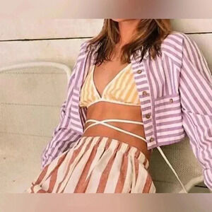 Free People Women’s Size Small Striped Triangle Wrap Around Crop Top Bra Linen